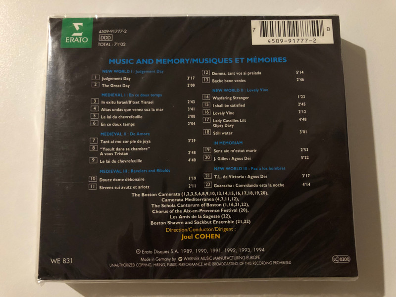 Joel Cohen - Music And Memory = Musiques Et Mémoires / Erato Audio CD 1994 / 4509-91777-2