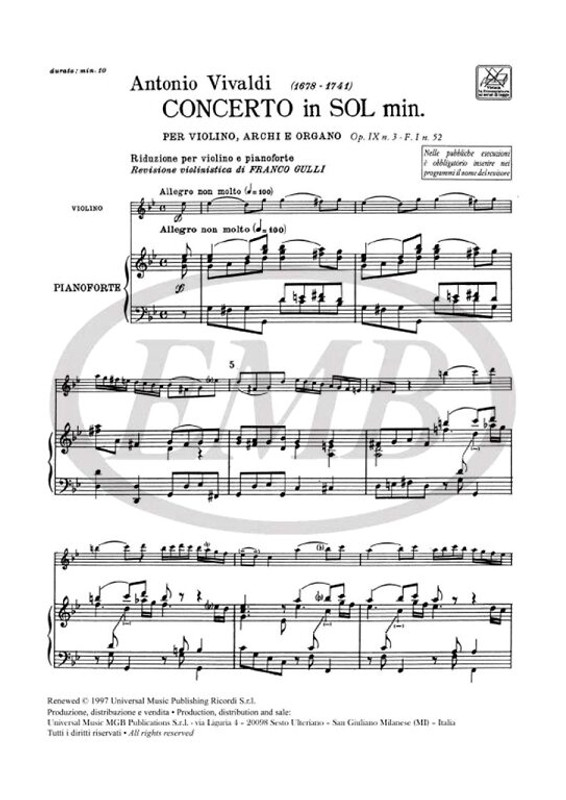 Vivaldi, Antonio: CONC. PER VL., ARCHI E B.C.: IN SOL MIN. OP.IX N.3 - RV 33 / 4 - F.I/52 / piano score / Ricordi Americana / 1984