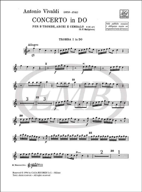 Vivaldi, Antonio: CONC. PER TRB., ARCHI E B.C.: PER 2 TRB. IN DO RV 537 - F. IX/1 / Ricordi Americana / 1984