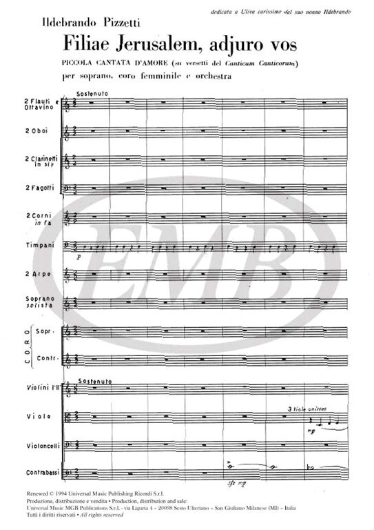 Pizzetti, Ildebrando: FILIAE JERUSALEM, ADJURO VOS. PICCOLA CANTATA D'AMORE (SU VERSETTI DEL 'CANTICUM CANTICORUM') PER S., CORO FEMM. E O / Ricordi Americana / 1984
