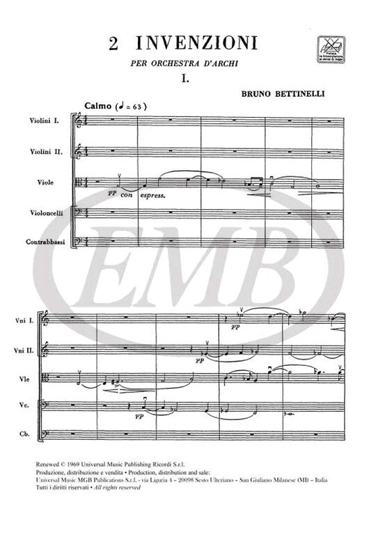 Bettinelli, Bruno: 2 INVENZIONI PER ORCH. D'ARCHI / Ricordi Americana / 1984