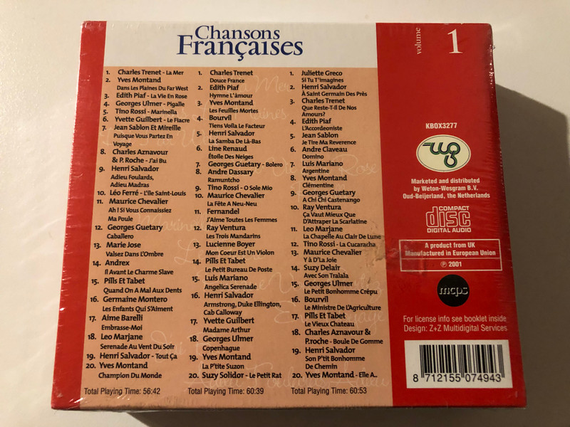 Chanson Françaises Volume 1 / Georges Guétary; Juliette Gréco; Maurice Chevalier; Aimé Barelli; Léo Marjane; Léo Marjane; Léo Ferré; Yves Montand; Charles Aznavour; Yvette Guilbert / Weton-Wesgram 3x Audio CD 2001, Box Set / KBOX3277