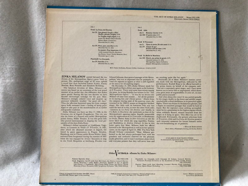 Zinka Milanov – The Art Of Zinka Milanov / 	RCA Victrola / 1968 LP VINYL VICS-1336
