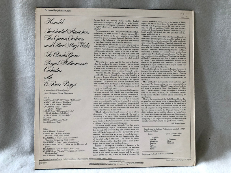 Handel, The Royal Philharmonic Orchestra conducted by Sir Charles Groves, E. Power Biggs – Incidental Music From Operas, Oratories And Other Stage Works / CBS / 1975 LP VINYL 61559