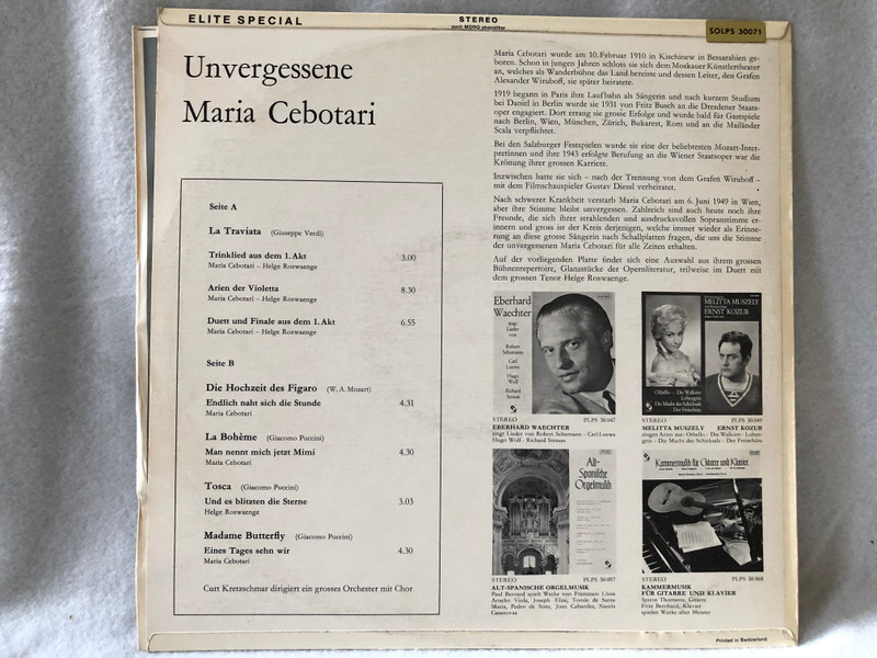 Maria Cebotari – Unvergessene Maria Cebotari / Elite Special / LP VINYL SOLPS 30 071