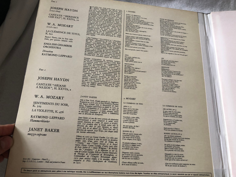 Janet Baker, Raymond Leppard, English Chamber Orchestra - Mozart / Haydn – La Clémence De Titus - Sentiments Du Soir - La Violette - Arianne A Naxos - Berenice Che Fai / Philips / LP VINYL 6500 660