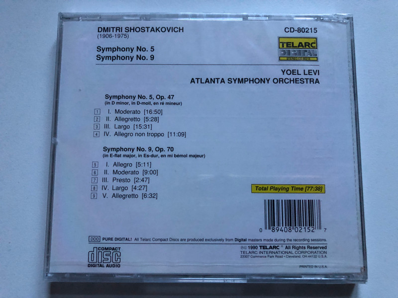 Shostakovich - Symphony No. 5: Symphony No. 9 - Yoel Levi, Atlanta Symphony Orchestra / Telarc Digital Audio CD 1990 / CD-80215 
