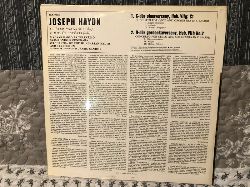 Joseph Haydn, Péter Pongrácz, Miklós Perényi, Orchestra Of The Hungarian Radio And Television, Janos Sandor – Oboe Concerto In C Major  Cello Concerto In D Major  Hungaroton LP VINYL HLX 90034