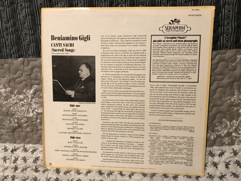 Beniamino Gigli – Canti Sacri (Sacred Songs) (Recorded 1932-47)  Seraphim 1967 LP VINYL 60036