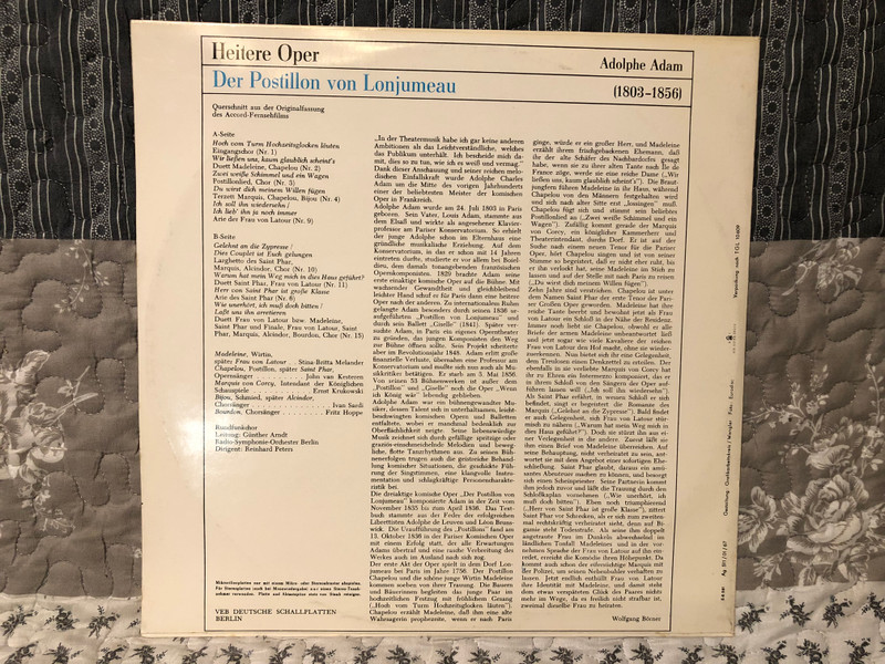 Adolphe Adam, Radio-Symphonie-Orchester Berlin, Reinhard Peters – Der Postillon Von Lonjumeau (Opernquerschnitt) / ETERNA / 1967 LP VINYL 8 25 397