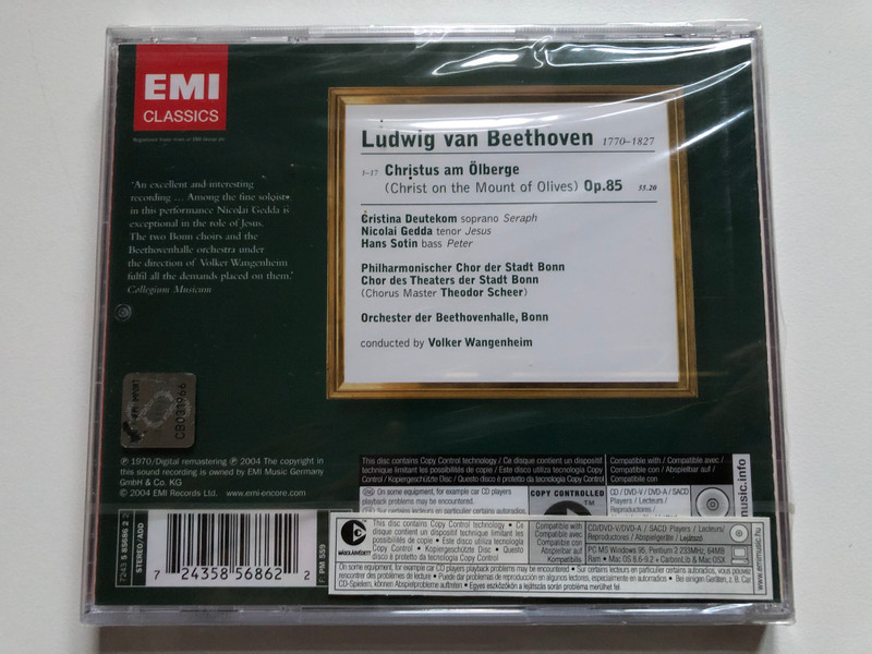 Beethoven - Christus Am Ölberge - Cristina Deutekom, Nicolai Gedda, Hans Sotin / Philharmonischer Chor Der Stadt Bonn, Chor Des Theaters Der Stadt Bonn, Orchester Der Beethovenhalle Bonn / EMI Classics Audio CD 2004 Stereo / 724358568622