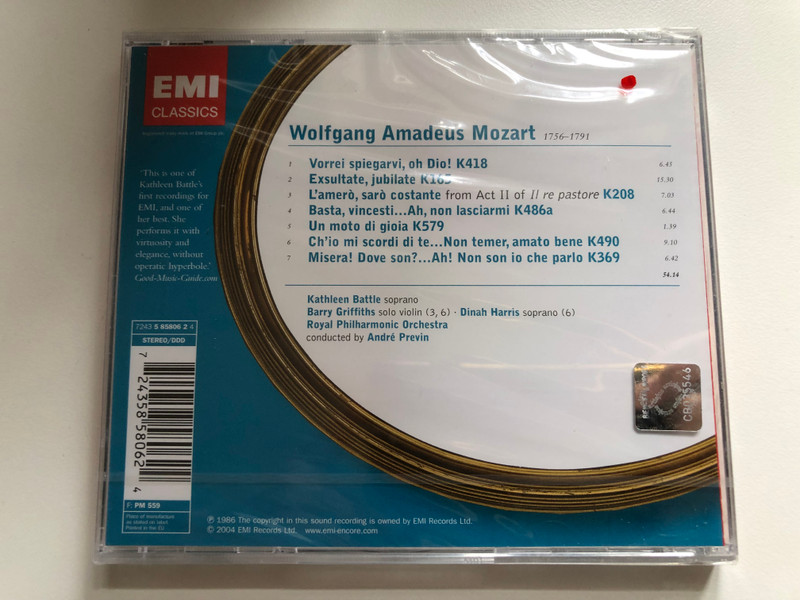 Mozart - Exsultate, Jubilate; Arias - Kathleen Battle, Royal Philharmonic Orchestra, André Previn / EMI Audio CD 2004 Stereo / 724358580624