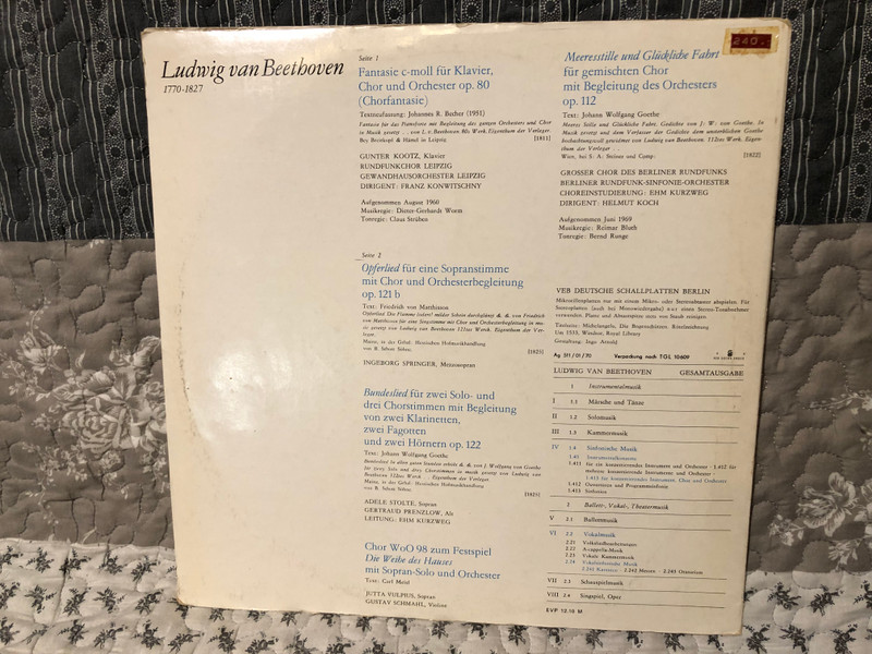 Ludwig van Beethoven – Fantasie C-moll Für Klavier, Chor Und Orchester Op.80 / Meeresstille Und Glückliche Fahrt Op.112 / Opferlied Op.121b / Bundeslied Op.122 / Chor WoO 98 Aus Die Weihe Des Hauses / ETERNA / 1970 LP VINYL 8 26 002