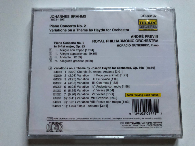 Brahms - Piano Concerto No. 2 - Variations on a Theme by Haydn / Horacio Gutierrez, Andre Previn, Royal Philharmonic Orchestra / Telarc Audio CD 1989 / CD-80197