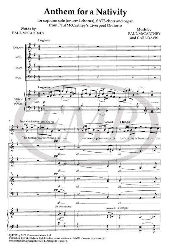 McCartney, Paul: Anthem for a Nativity. SATB accompanied / Faber Music