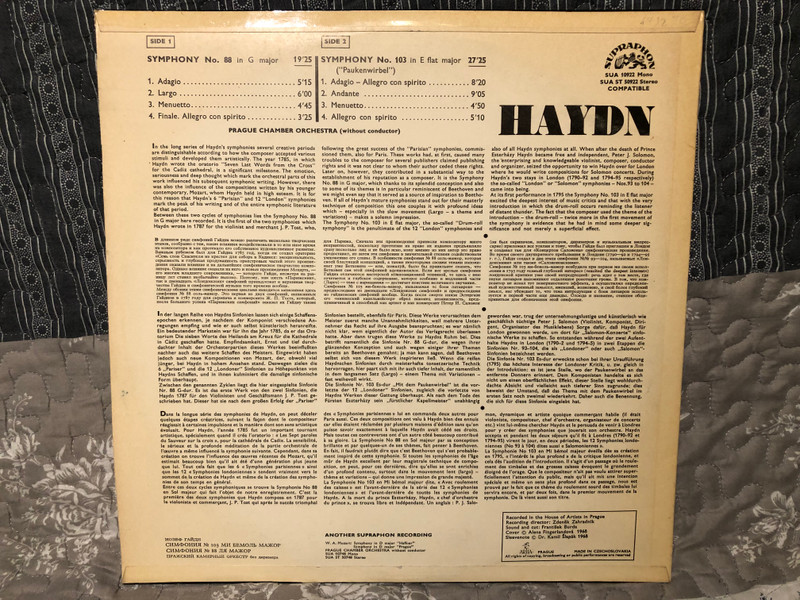 Joseph Haydn, Prague Chamber Orchestra Without Conductor – Symphony No. 103 In E Flat Paukenwirbel  Symphony No. 88 In G Major  Supraphon 1969 LP VINYL SUA ST 50922