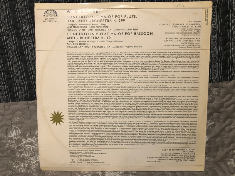 Mozart, Gejza Novák, Karel Patras, Karel Bidlo – Mozart Concerto For Flute And Harp, Concerto For Bassoon / Supraphon / 1967 LP VINYL  SUA 10710