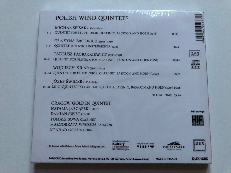 Spisak, Bacewicz, Paciorkiewicz, Kilar, Swider - Polish Wind Quintets - Cracow Golden Quintet / DUX Recording Producers Audio CD 2020 / DUX 1685