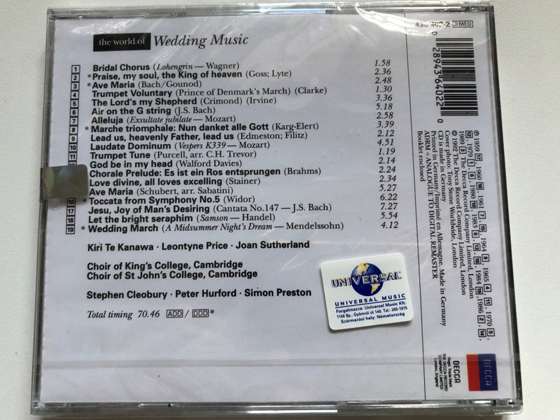 The World Of Wedding Music / Wedding March (Mendelssohn), Bridal Chorus (Wagner), Trumpet Voluntary, Let The Bright Seraphim, Ave Maria, Toccata (Widor) / Decca Audio CD 1992 / 436 402-2