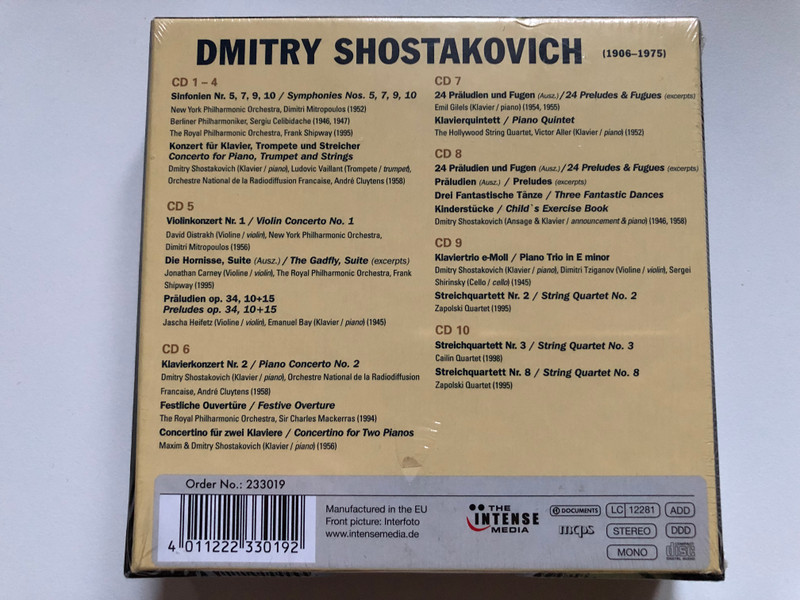 Dmitry Shostakovich – Symphonies, Concertos, Piano Works, Chamber Music / Shostakovich, Celibidache Oistrakh, Cailin Quartet and moer / Documents 10x Audio CD, Box Set, Stereo, Mono / 233019