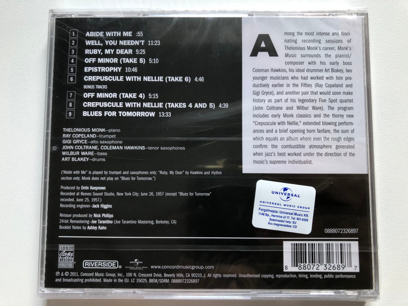 Monk's Music - Thelonious Monk with Coleman Hawkins, Art Blakey, Gigi Gryce / Original Jazz Classics Audio CD 2011 / 0888072326897