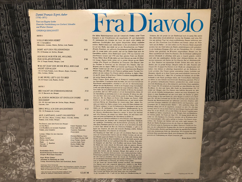 Daniel-Francois-Esprit Auber - Helga Termer, Hannerose Katterfeld, Günter Neumann, Eberhard Büchner, Reiner Süß, Rundfunkchor Berlin, Rundfunk-Sinfonieorchester Berlin, Wolf-Dieter Hauschild – Fra Diavolo  Eterna  1975 LP VINYL 8 26 537