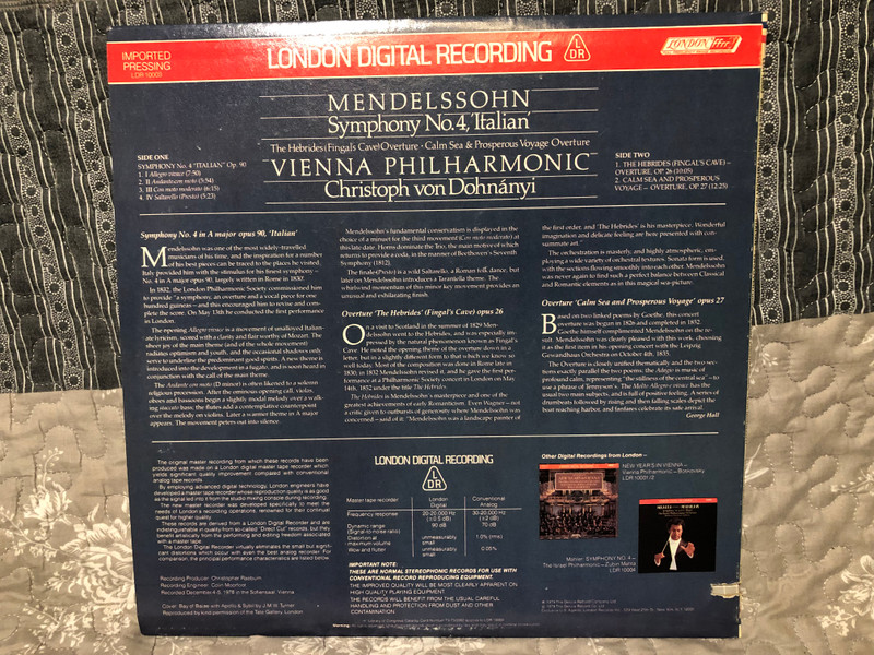 Mendelssohn - Vienna Philharmonic, Christoph von Dohnányi – Symphony No. 4, 'Italian'  The Hebrides (Fingal's Cave) Overture  Calm Sea & Prosperous Voyage Overture  London Records  1979 LP VINYL LDR 10003