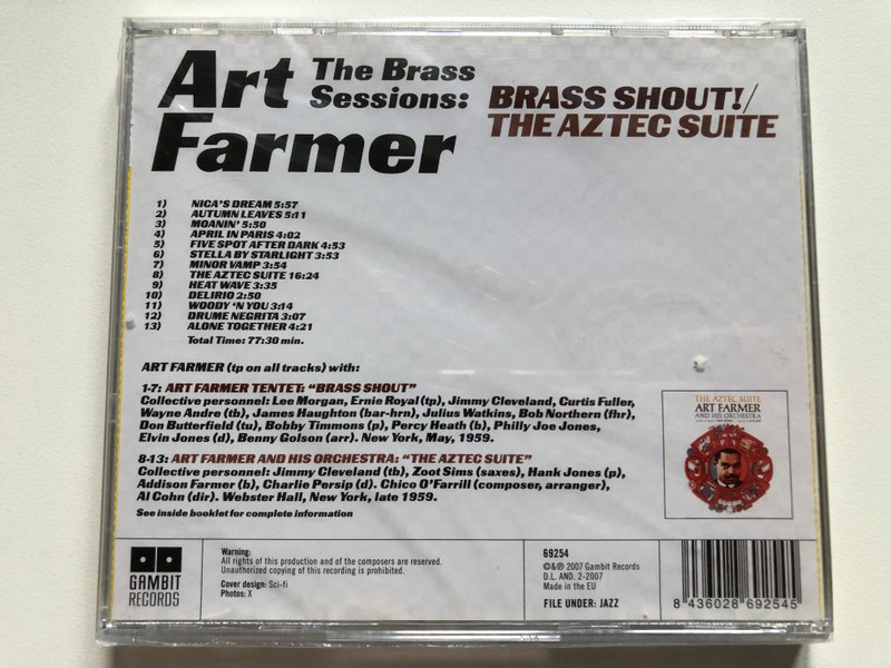 Art Farmer - The Brass Sessions: Brass Shout/Aztec Suite - with Lee Morgan, Zoot Sims, Jimmy Cleveland, Percy Heath, Philly Joe Jones, Hank Jones, Bobby Timmons / Gambit Records Audio CD 2007 / 69254