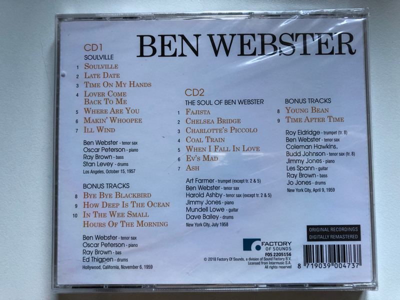Ben Webster - Soulville - The Soul Of Ben Webster / Two Original Albums Plus Bonus Tracks / Factory Of Sounds 2x Audio CD 2018 / FOS 2205156