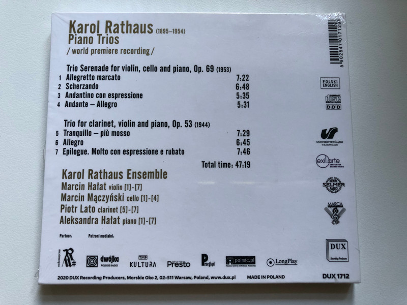 Karol Rahaus - Piano Trios - Karol Rathaus Ensmeble / DUX Recording Audio CD 2020 / DUX 1712