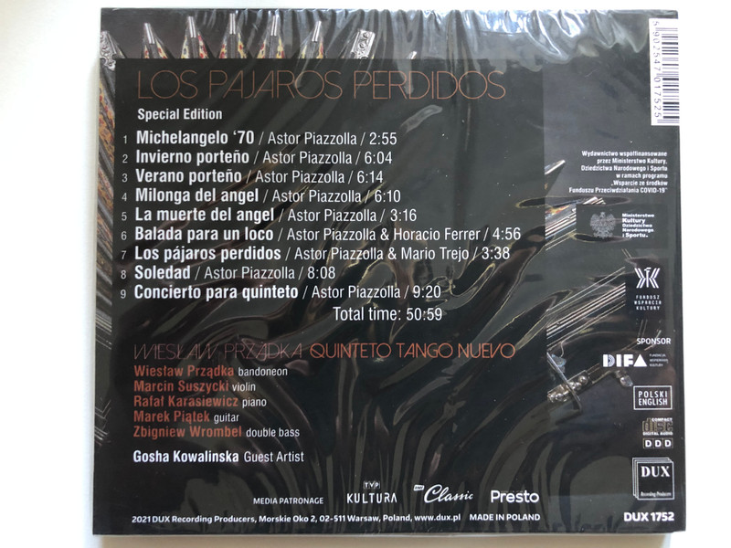 Wieslaw Przadka - Quinteto Tango Nuevo - Special Edition / Astor Piazzolla, Los Pajaros Perdidos, Guest Artist: Gosha Kowalinska (mezzo-soprano) / DUX Recording Audio CD 2021 / DUX 1752