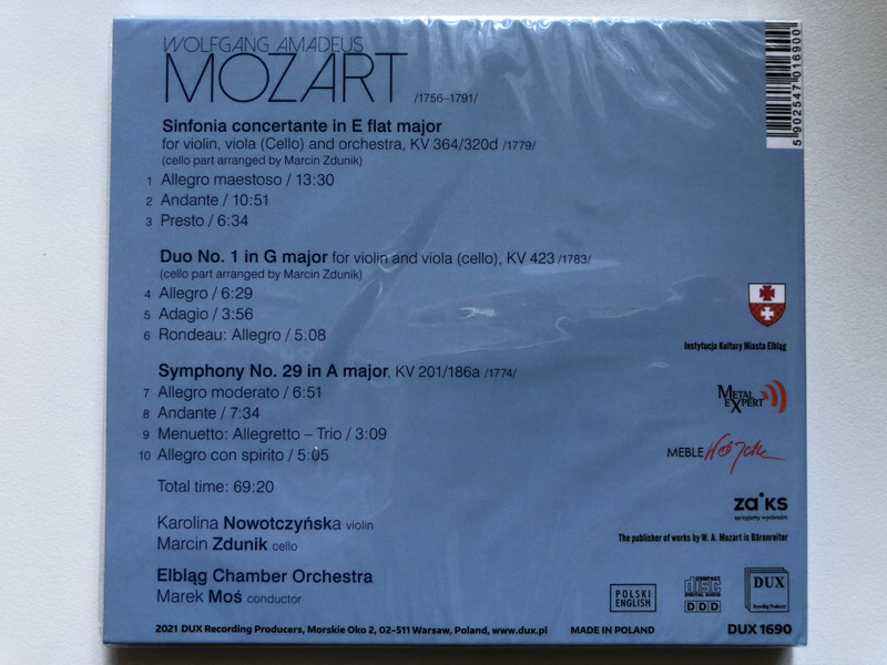 Mozart - Symphonies & Duo / Karolina Nowotczynska (violin), Marcin Zdunik (cello), Elblag Chamber Orchestra, Marek Mos (conductor) / DUX Recording Audio CD 2021 / DUX 1690
