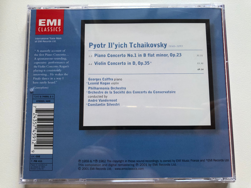 Tchaikovsky - Piano Concerto No. 1; Violin Concerto / Georges Cziffra, Leonid Kogan, Philharmonia Orchestra, Orchestre De La Société Des Concerts Du Conservatoire, André Vandernoot / EMI Classics Audio CD 2001 / 724357459129