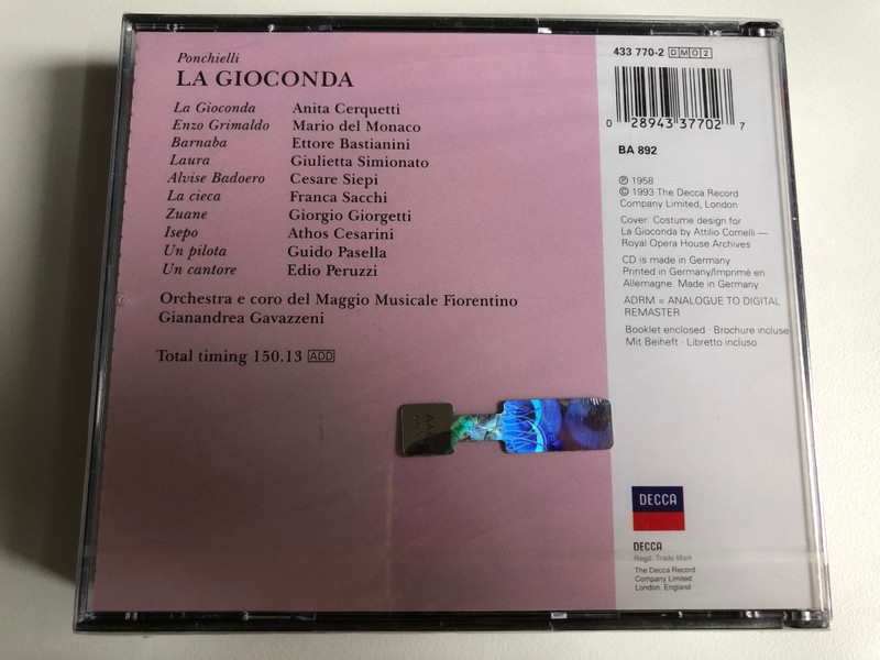 Ponchielli - La Gioconda - Cerquetti, Simionato, Del Monaco, Bastianini, Siepi, Orchestra E Coro Del Maggio Musicale Fiorentino, Gianandrea Gavazzeni / Grand Opera / London Records 2x Audio CD 1993 / 433 770-2