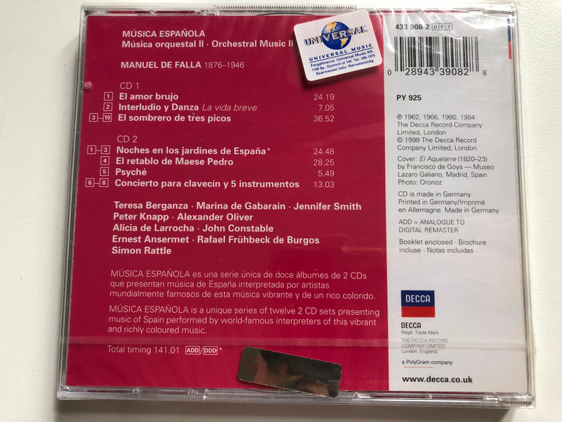 Musica Española - Mùsica Orquestal II - Orchestral Music - Falla / El Amor Brujo; El Sombrero De Tres Picos; Noches En Los Jardines De España; El Retablo De Maese Pedro / Larrocha, Ansermet, Rattle / Decca 2x Audio CD 1998 / 433 908-2 