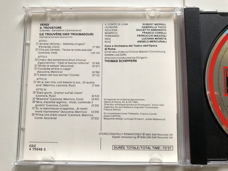 Verdi - Il Trovatore (Highlights / Extraits / Querschnitt) / Corelli, Tucci, Simionato, Merrill, Coro E Orchestra Dell'Opera Di Roma, Schippers / EMI Audio CD 1990 Stereo / CDZ 4 79548 2