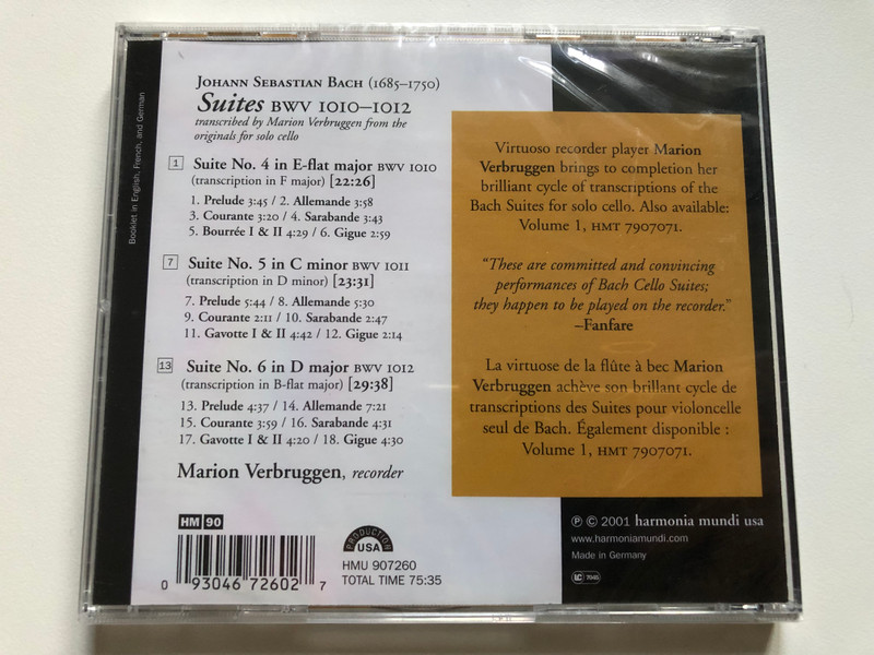 J.S. Bach - Suites, BWV 1010-1012 (transcribed from the originals for solo cello) - Marion Verbruggen (recorder) / Harmonia Mundi Audio CD 2001 / HMU 907260