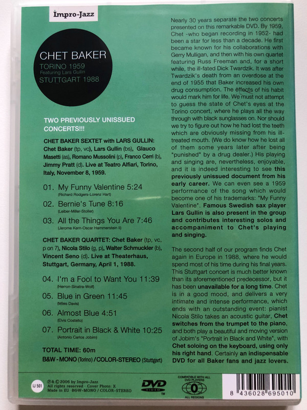 Chet Baker – Torino 1959 - Stuttgart 1988 - Featuring Lars Gullin / Impro-Jazz DVD Video CD 2006 / IJ501