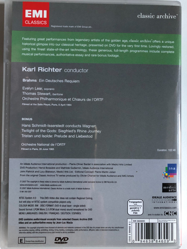 Karl Richter - Brahms: Ein Deutsches Requiem (Evelyn Lear, Thomas Stewart); Hans Schmidt-Isserstedt conducts Wagner / EMI Classics DVD Video CD 2007 / 094638846093