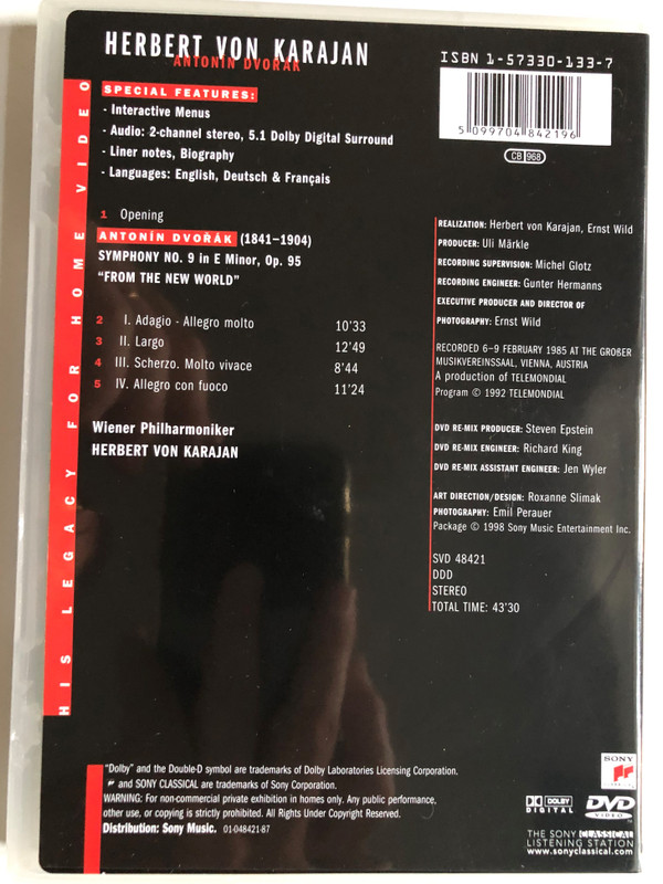 Herbert von Karajan, Wiener Philharmoniker - Antonín Dvořák: Symphony No. 9 "From The New World" / His Legacy For Home Video / Sony Classical DVD Video CD 1998 / SVD 48421