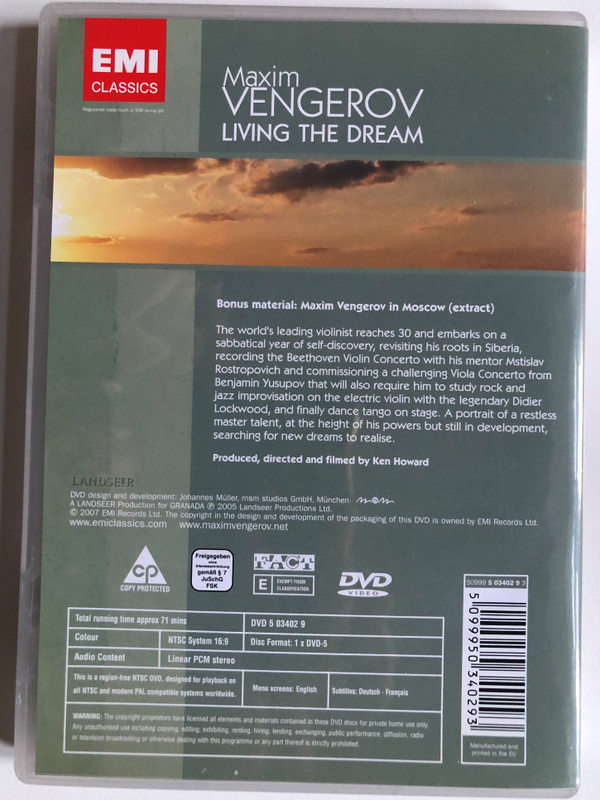 Maxim Vengerov – Living The Dream / Illustrated with stunning performance sequences, this film serves as a fascinating study of the world-class violinist at a crucial period in his career / EMI Classics DVD Video CD 2007 / 5099950340293