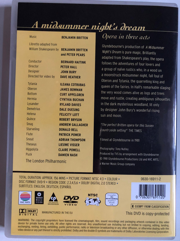 Benjamin Britten - A midsummer night's dream - Glyndebourne Festival Opera / Conducted by Bernard Haitink, Directed by Peter Hall / NVC Arts DVD Video CD / 0630-16911-2