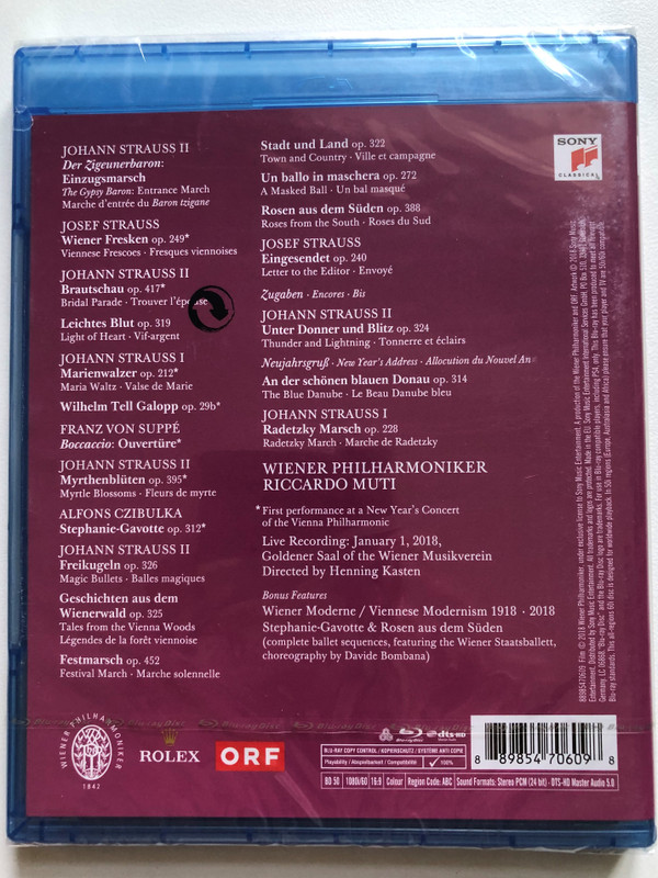 2018 New Year's Concert = Neujahrs konzert / Wiener Philharmoniker, Riccardo Muti / The complete concert as seen on TV. Live from Vienna. / Incl. intermission film and ballet sequences / Sony Classical Blu-ray Disc 2018 / 88985470609