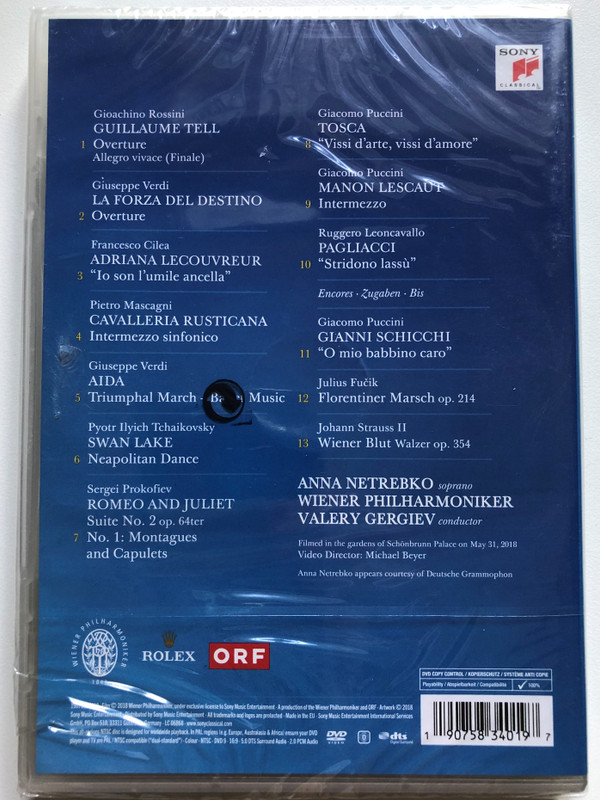 2018 Summer Night Concert = Sommernachtskonzert / Wiener Philharmoniker, Valery Gergiev, Anna Netrebko / An Italian Night As Seen On TV / Sony Classical Blu-ray Disc 2018 / 190758340197