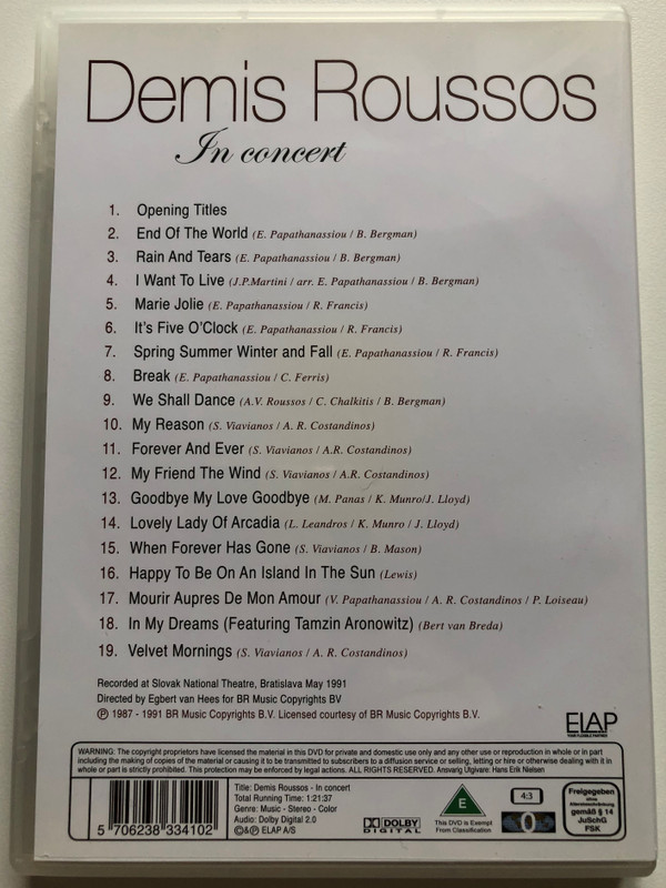 Demis Roussos - In Concert / Hear: Forever And Ever, Goodbye My Love Goodbye, Happy To Be An Island In The Sun, Lovely Lady Of Arcadia, and many more... / Elap DVD Video CD 1991 / 80260716