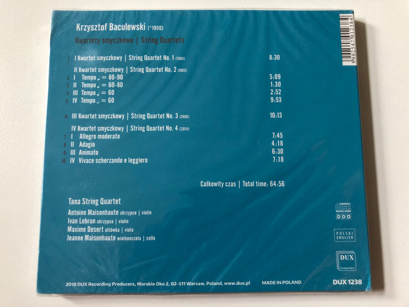 Krzysztof Baculewski - String Quartets - Tana String Quartet / DUX Recording Producers Audio CD 2018 / DUX 1238