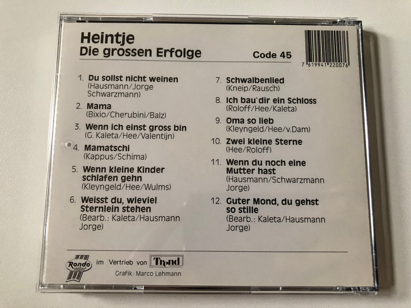 Heintje - Die grossten Erfolge / Du sollst nicht weinen; Mamatschi; Wenn ich einst gross bin; Ima so lieb; Ich bau' dir ein Schloss; Zwei kleine Sterne; und viele andere! / Rondo Audio CD Stereo / 20-2007