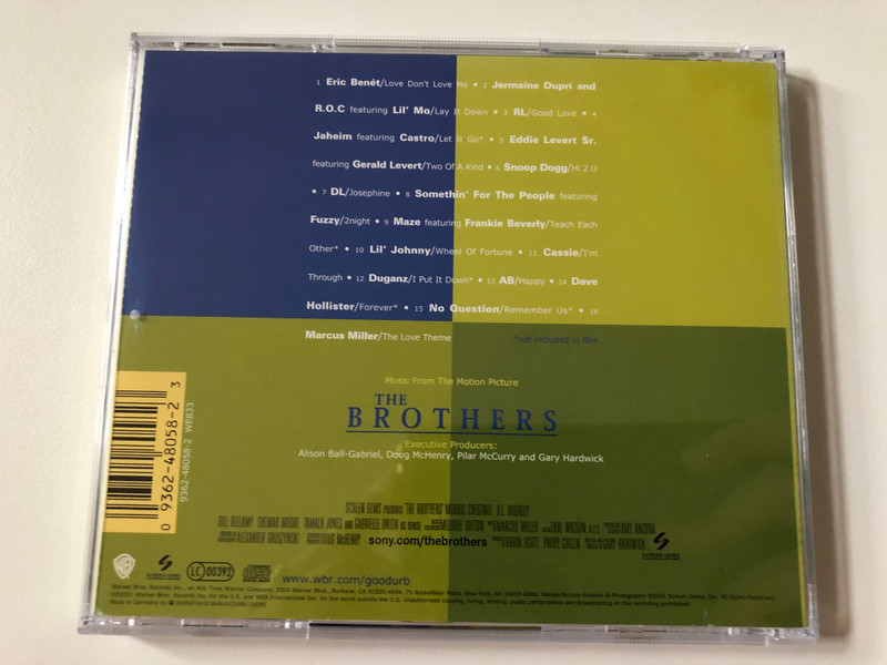 The Brothers (Music From The Motion Picture) / Featuring All New Music From: Eric Benet, Snoop Dogg, RL, Jermaine Dupri and R. O. C featuring Lil' Mo, Eddie Levert Sr. Featuring Gerald Levert / Warner Bros. Records Audio CD 2001 / 9362-48058-2