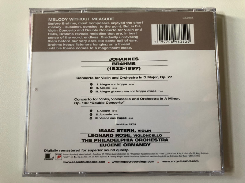 Brahms: Violin Concerto - Double Concerto For Violin & Cello - Isaac Stern, Leonard Rose / Essential Classics / Sony Classical Audio CD 1990 / SBK 89835