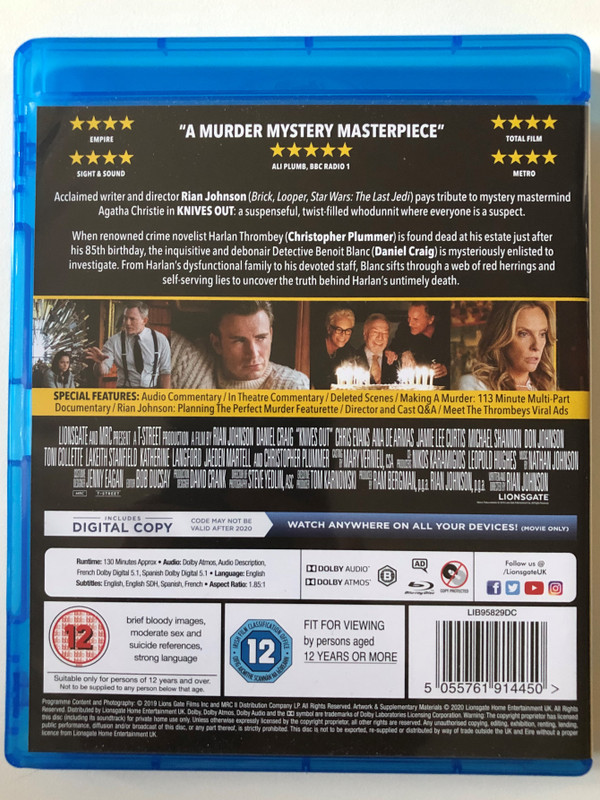 Knives Out / Daniel Craig, Chris Evans, Ana De Armas, Jamie Lee Curtis, Michael Shannon, Don Johnson, Toni Collette, Lekeith Stanfield, Katherine Langford, Jaeden Martell and Christopher Plummer / Lions Gate Blu-Ray Disc 2019 / LIB95829DC